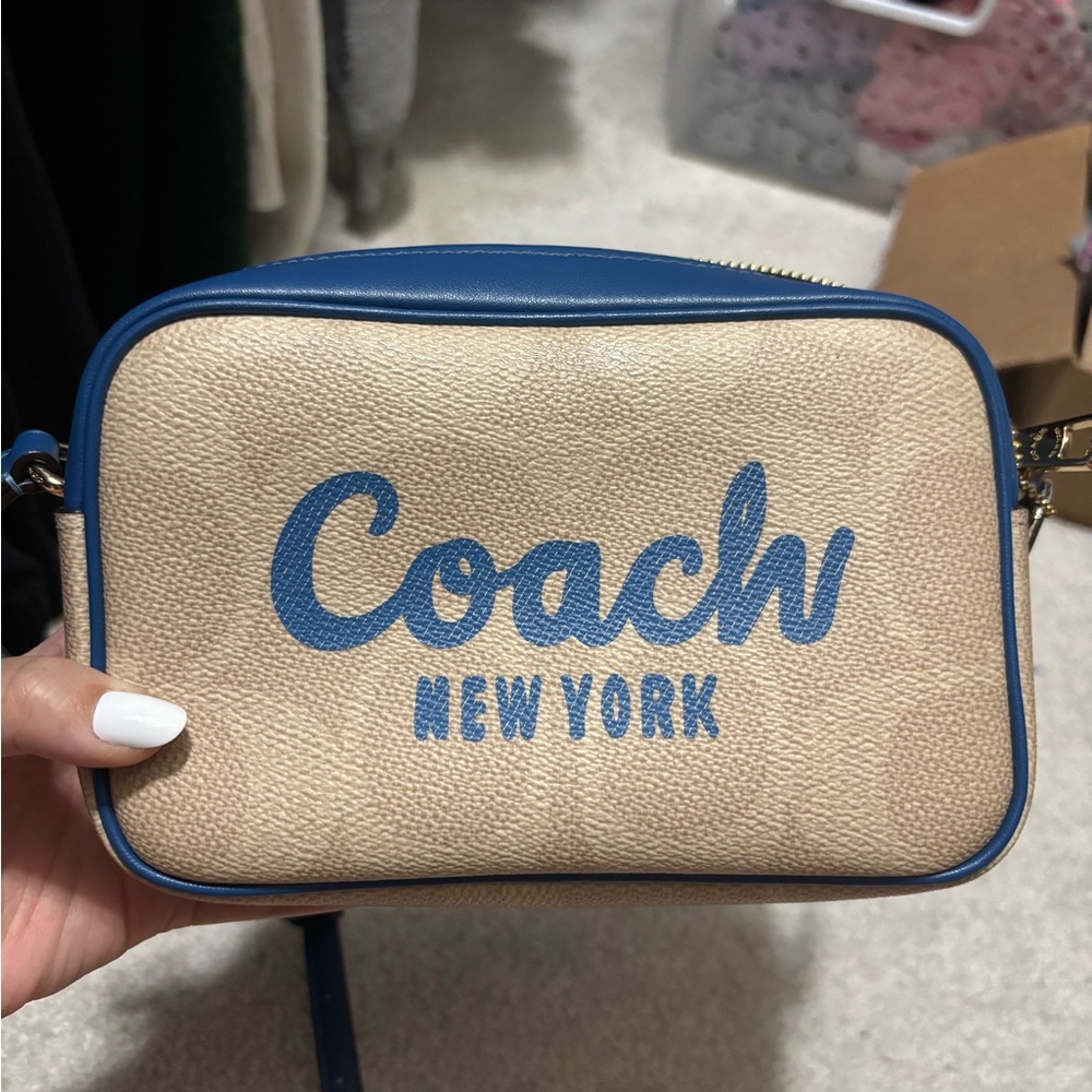 Coach Mini Jamie Camera Bag Signature Coach Script Print tan and blue